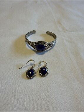 Or Paz Silver Cuff Bracelet and Drop Earrings with Royal Blue Stones